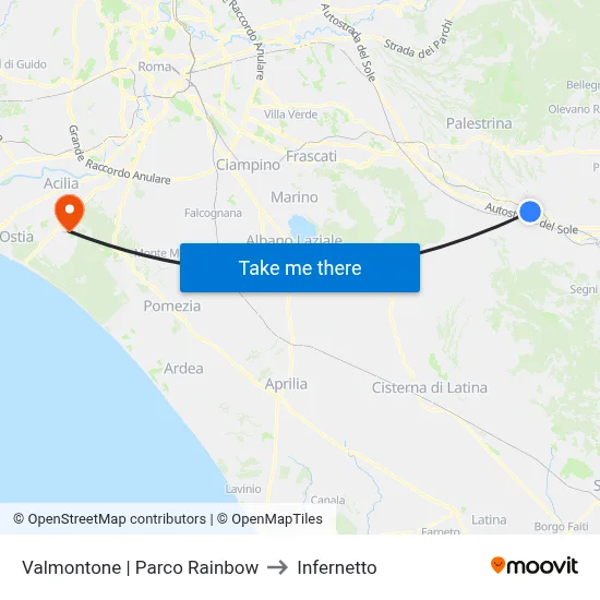 Valmontone Rainbow Park to Infernetto map
