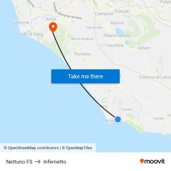 Nettuno Train Station to Infernetto map