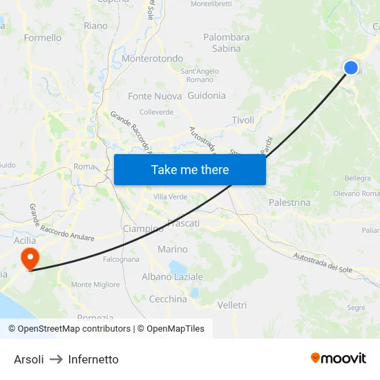 Arsoli to Infernetto map