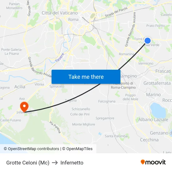 Grotte Celoni to Infernetto map
