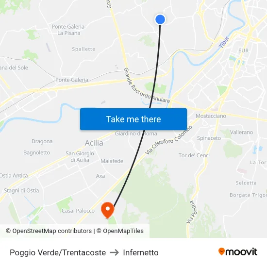 Poggio Verde/Trentacoste to Infernetto map