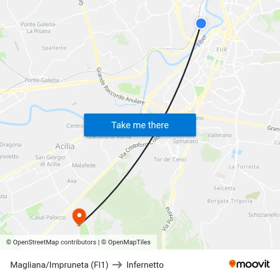 Magliana/Impruneta (Fl1) to Infernetto map