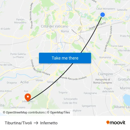 Tiburtina/Tivoli to Infernetto map