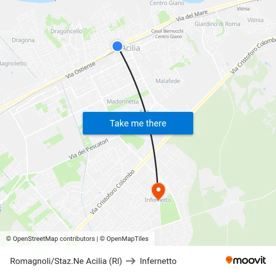 Romagnoli/Acilia Station (RL) to Infernetto map