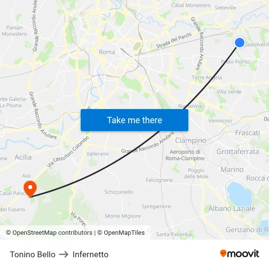 Tonino Bello to Infernetto map