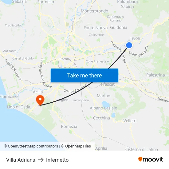 Villa Adriana to Infernetto map
