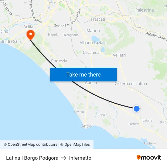 Latina | Borgo Podgora to Infernetto map
