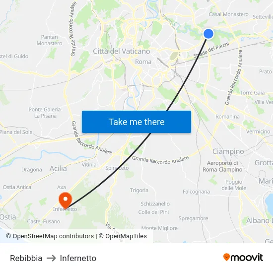 Rebibbia to Infernetto map