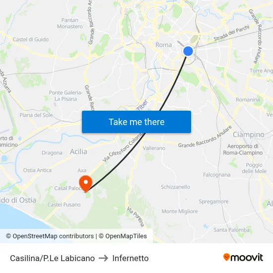 Casilina/Labicano Square to Infernetto map