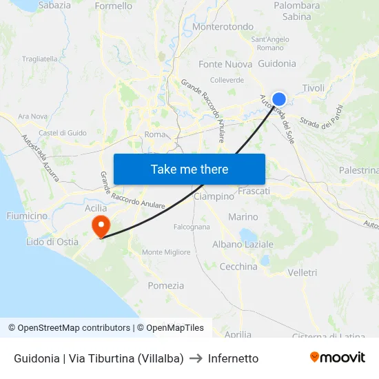 Guidonia via Tiburtina (Villalba) to Infernetto map