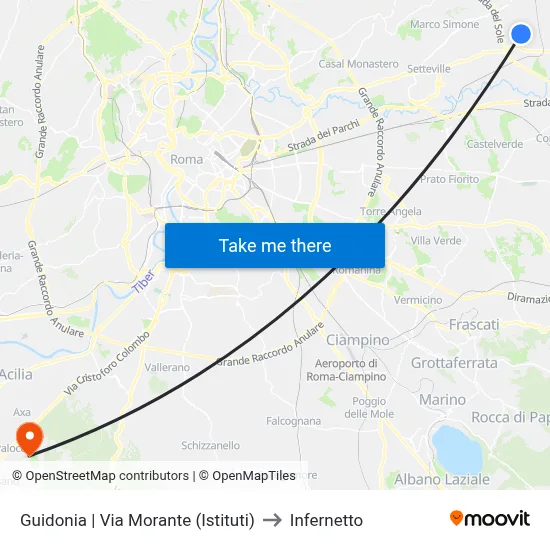 Guidonia via Morante (Institutes) to Infernetto map