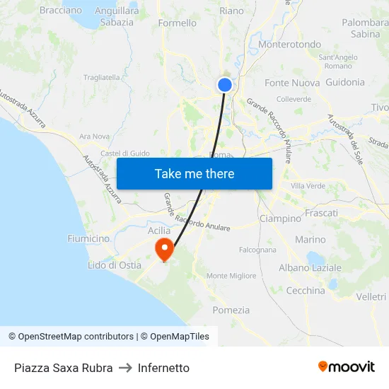 Piazza Saxa Rubra to Infernetto map