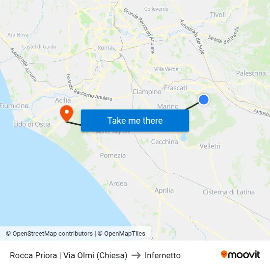 Rocca Priora | Via Olmi (Church) to Infernetto map