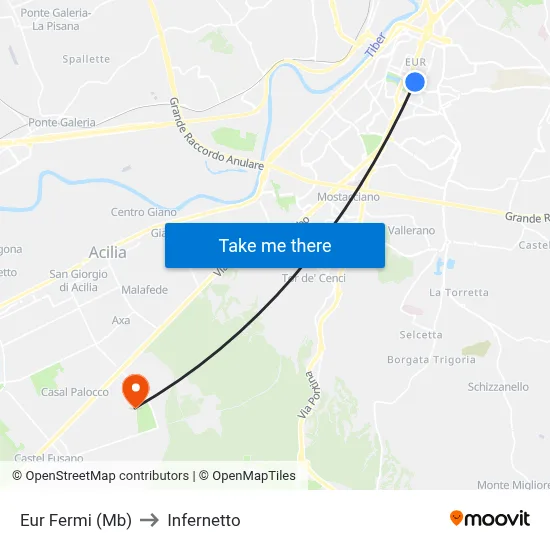 Eur Fermi (Metro B) to Infernetto map