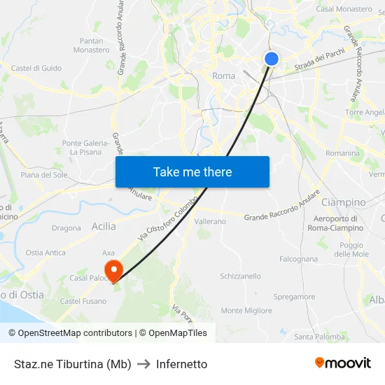 Tiburtina Station (Metro B) to Infernetto map