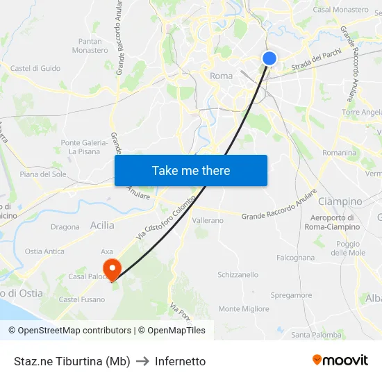 Tiburtina Station (Metro B) to Infernetto map