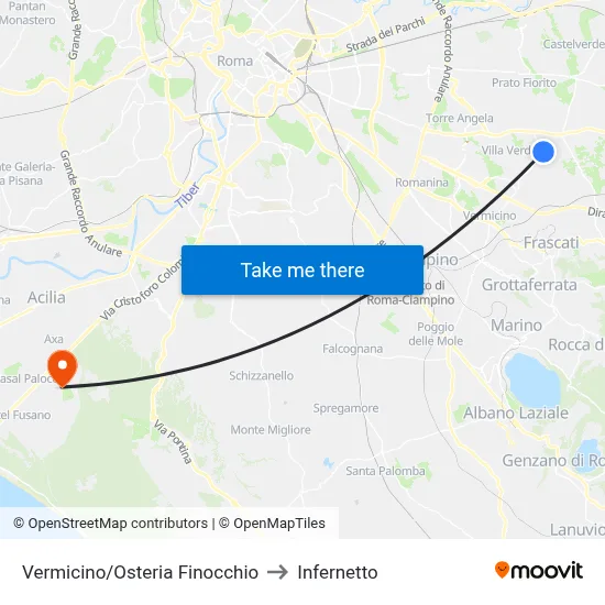 Vermicino/Osteria Finocchio to Infernetto map