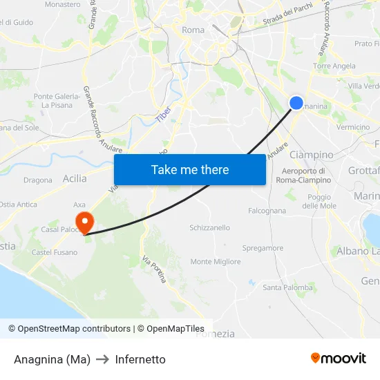 Anagnina Metro to Infernetto map