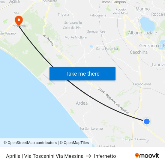 Aprilia | Via Toscanini Via Messina to Infernetto map
