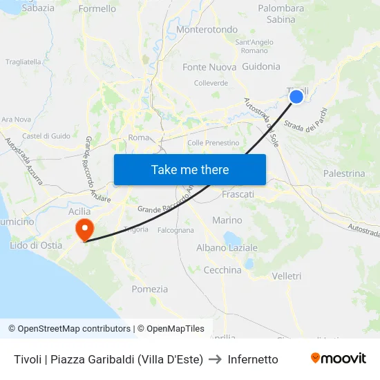 Tivoli | Piazza Garibaldi (Villa D'Este) to Infernetto map