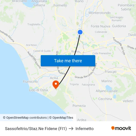 Sassofeltrio/Fidene Station (FL1) to Infernetto map