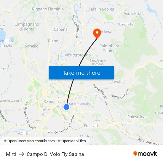 Mirti to Campo Di Volo Fly Sabina map