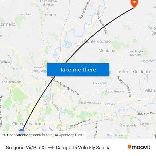 Gregorio Vii/Pio XI to Campo Di Volo Fly Sabina map