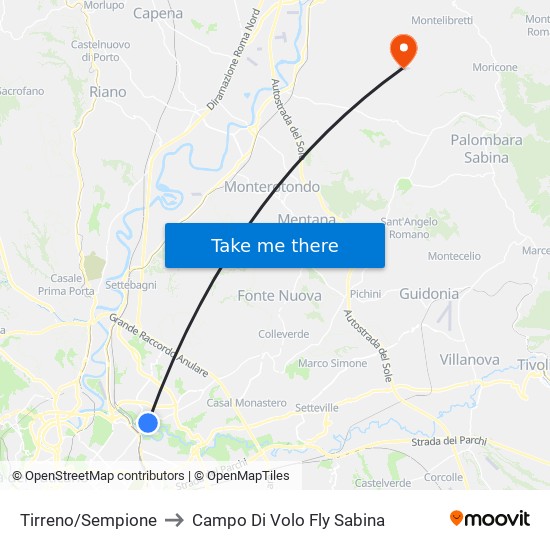 Tirreno/Sempione to Campo Di Volo Fly Sabina map