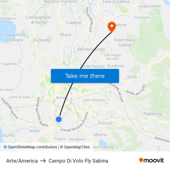Arte/America to Campo Di Volo Fly Sabina map