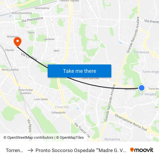 Torrenova to Pronto Soccorso Ospedale ""Madre G. Vannini"" map