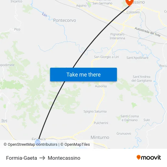 Formia-Gaeta to Montecassino map