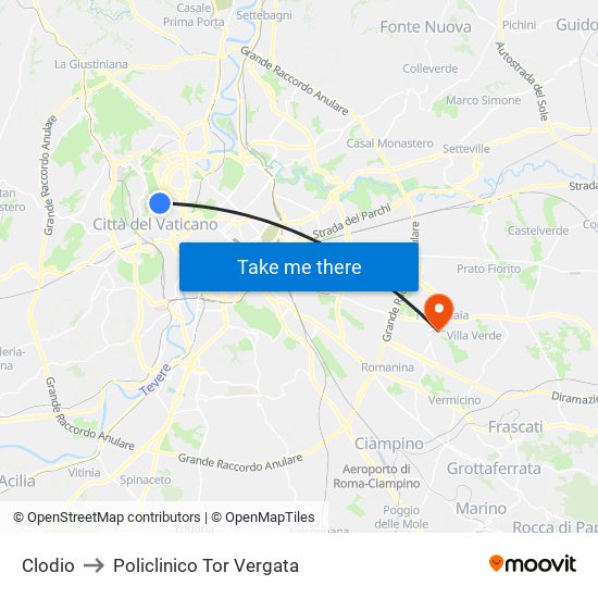 Clodio to Policlinico Tor Vergata map
