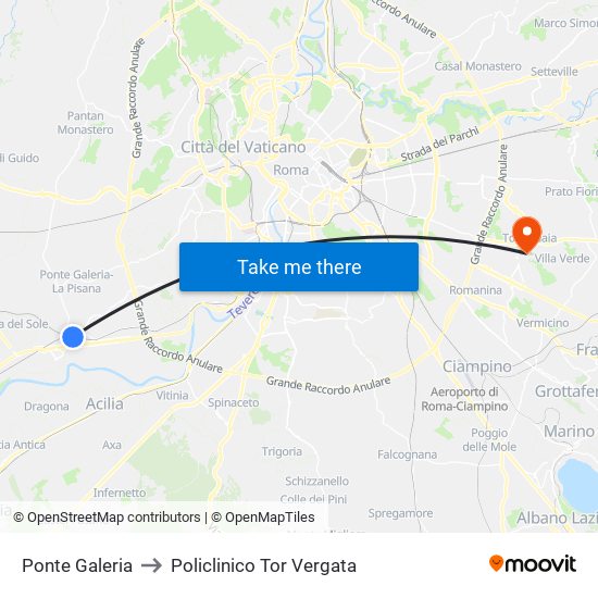 Ponte Galeria to Policlinico Tor Vergata map