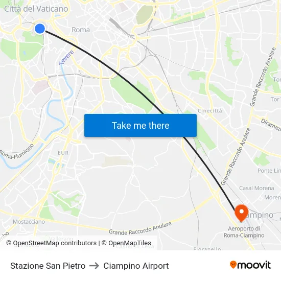 Stazione San Pietro to Ciampino Airport map
