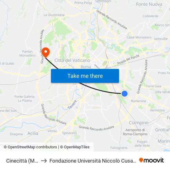 Cinecittà (Ma) to Fondazione Università Niccolò Cusano map