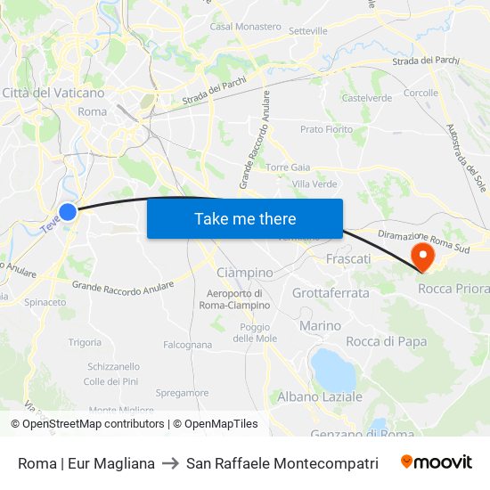 Roma | Eur Magliana to San Raffaele Montecompatri map