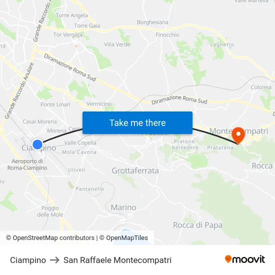 Ciampino to San Raffaele Montecompatri map