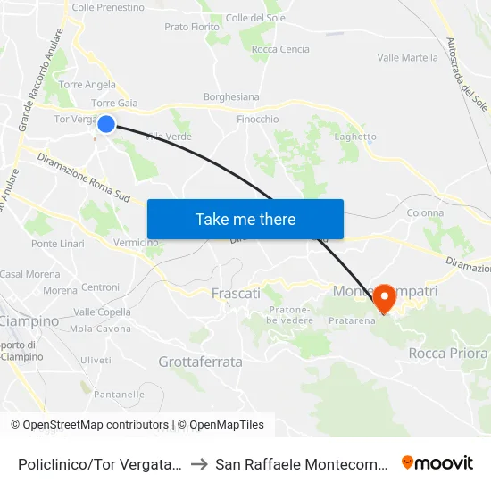 Policlinico/Tor Vergata (H) to San Raffaele Montecompatri map