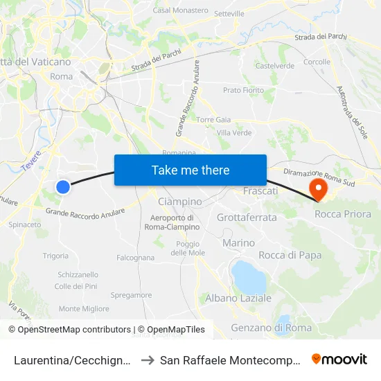 Laurentina/Cecchignola to San Raffaele Montecompatri map