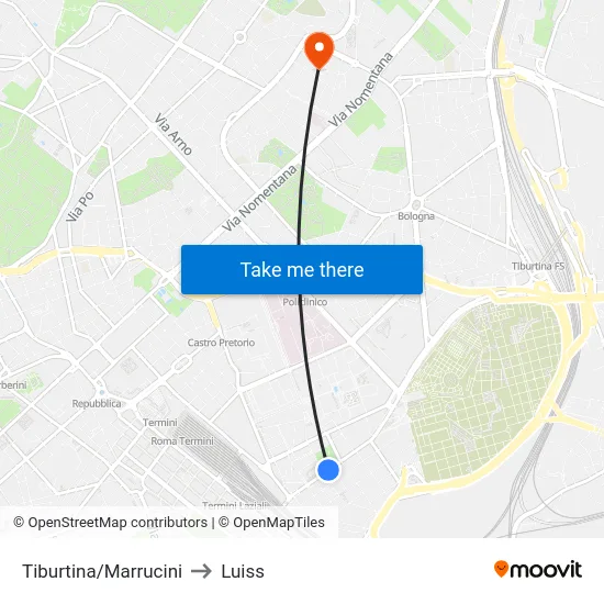 Tiburtina/Marrucini to Luiss map