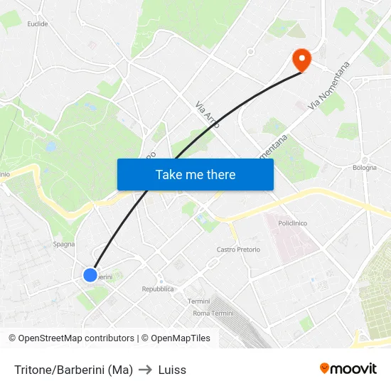 Tritone/Barberini (Ma) to Luiss map