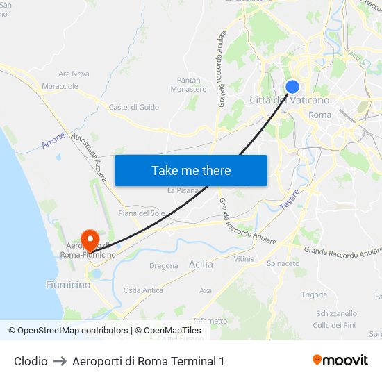 Clodio to Aeroporti di Roma Terminal 1 map