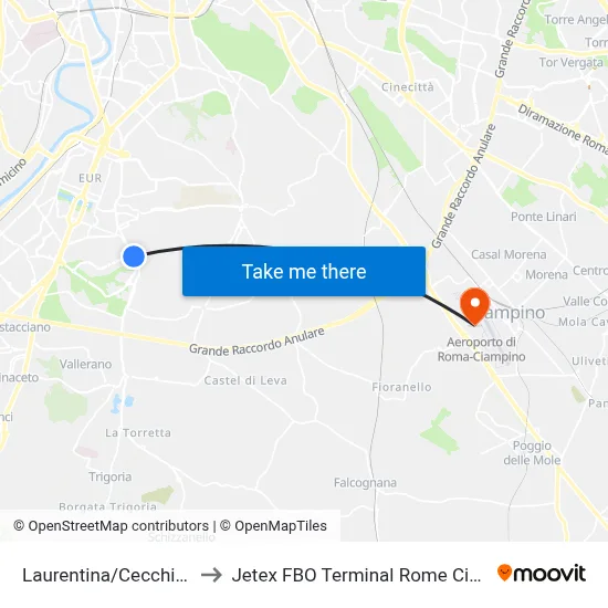 Laurentina/Cecchignola to Jetex FBO Terminal Rome Ciampino map