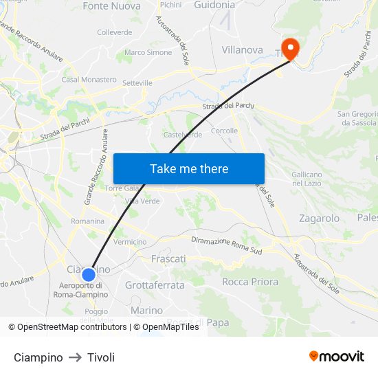 Ciampino to Tivoli map