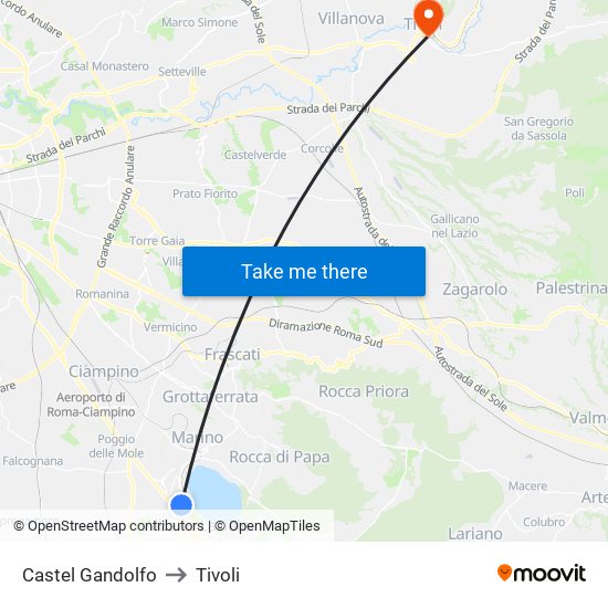 Castel Gandolfo to Tivoli map