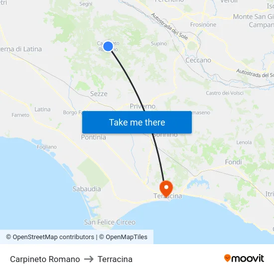 Carpineto Romano to Terracina map