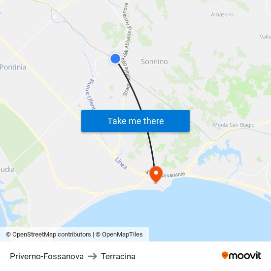 Priverno-Fossanova to Terracina map