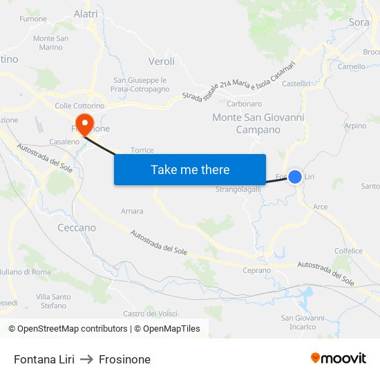 Fontana Liri to Frosinone map