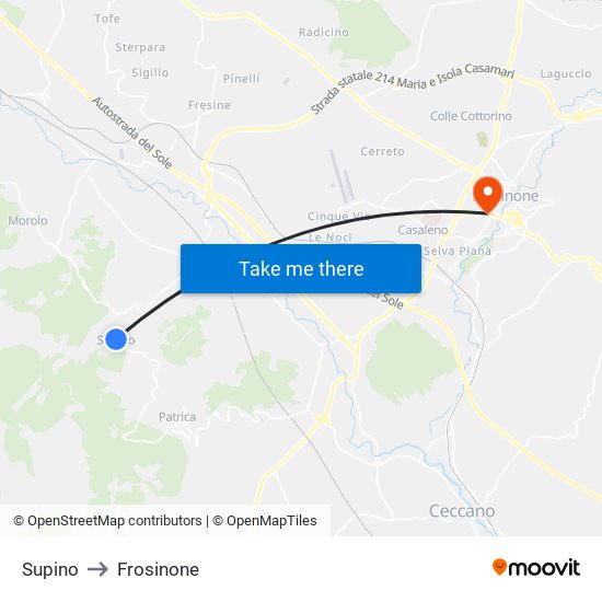 Supino to Frosinone map