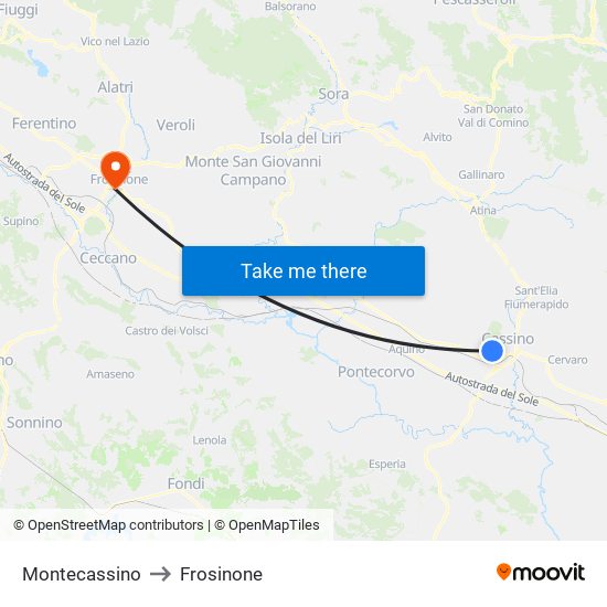 Montecassino to Frosinone map